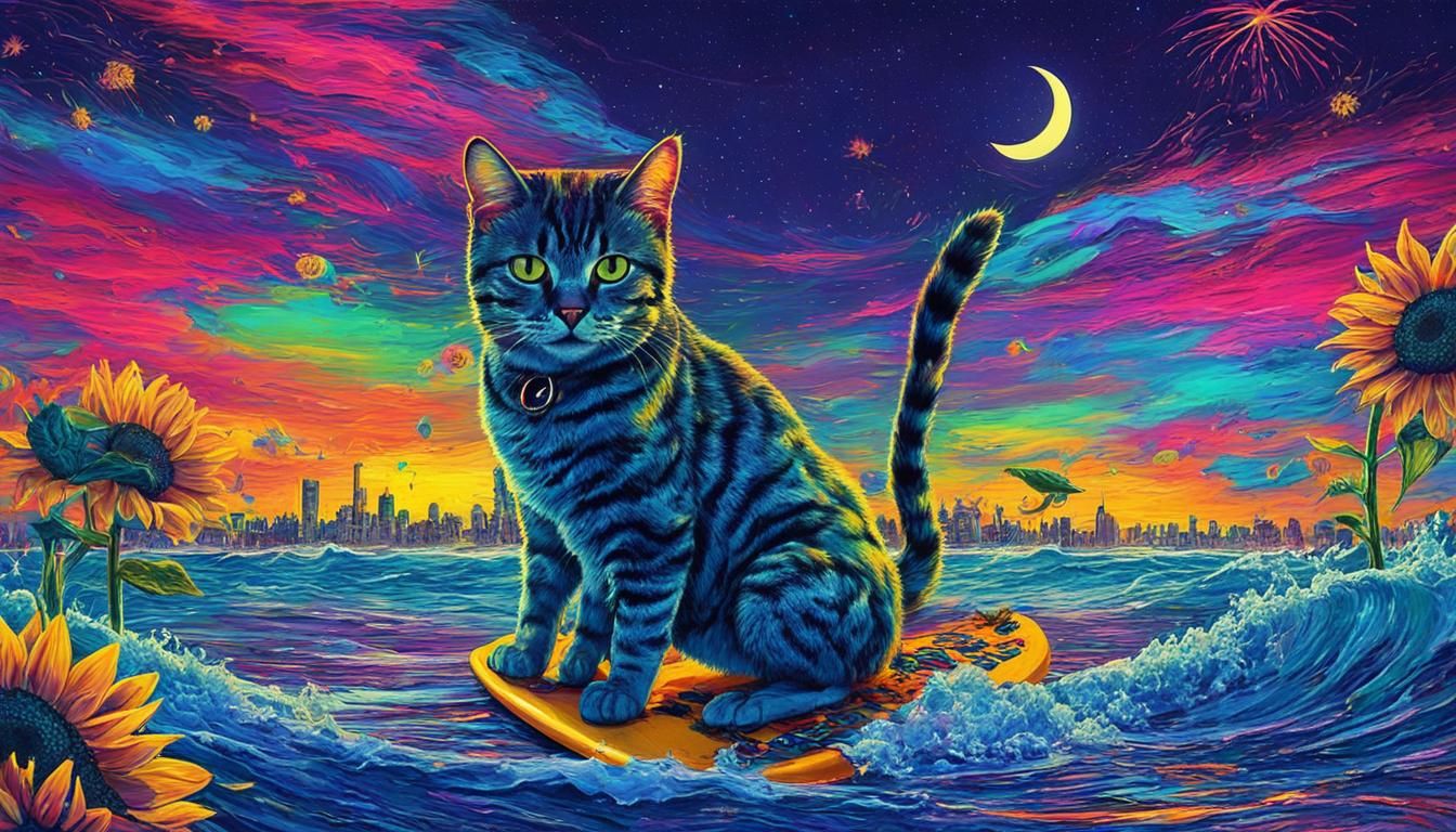 Cat Surfing Ocean Waves in a Surreal Cyberpunk Style