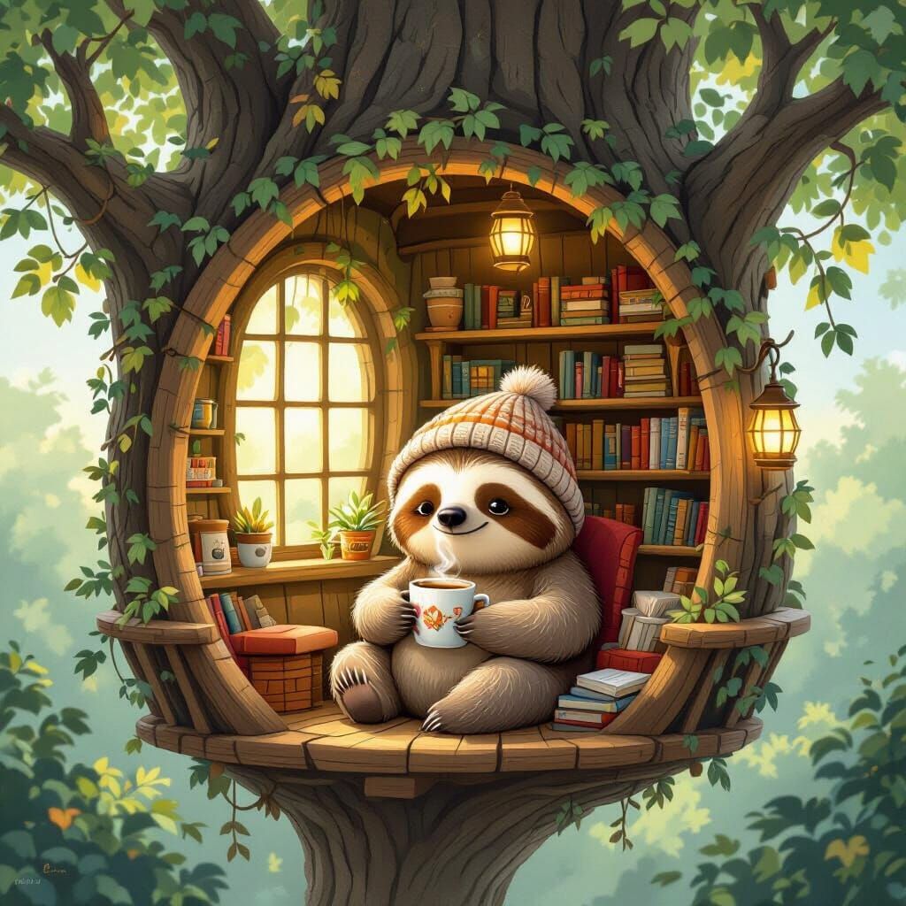 Cozy Sloth Cafe in Ancient Treehouse Illustration