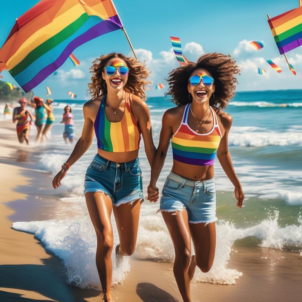 Joyful Lesbian Couple Celebrates Summer Pride on Beach