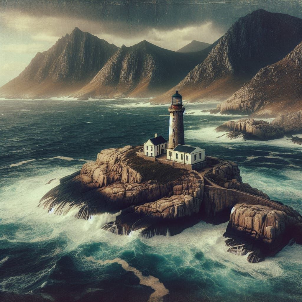 Lighthouse Amidst Rugged Coastline in 19th-Century Oil Paint...