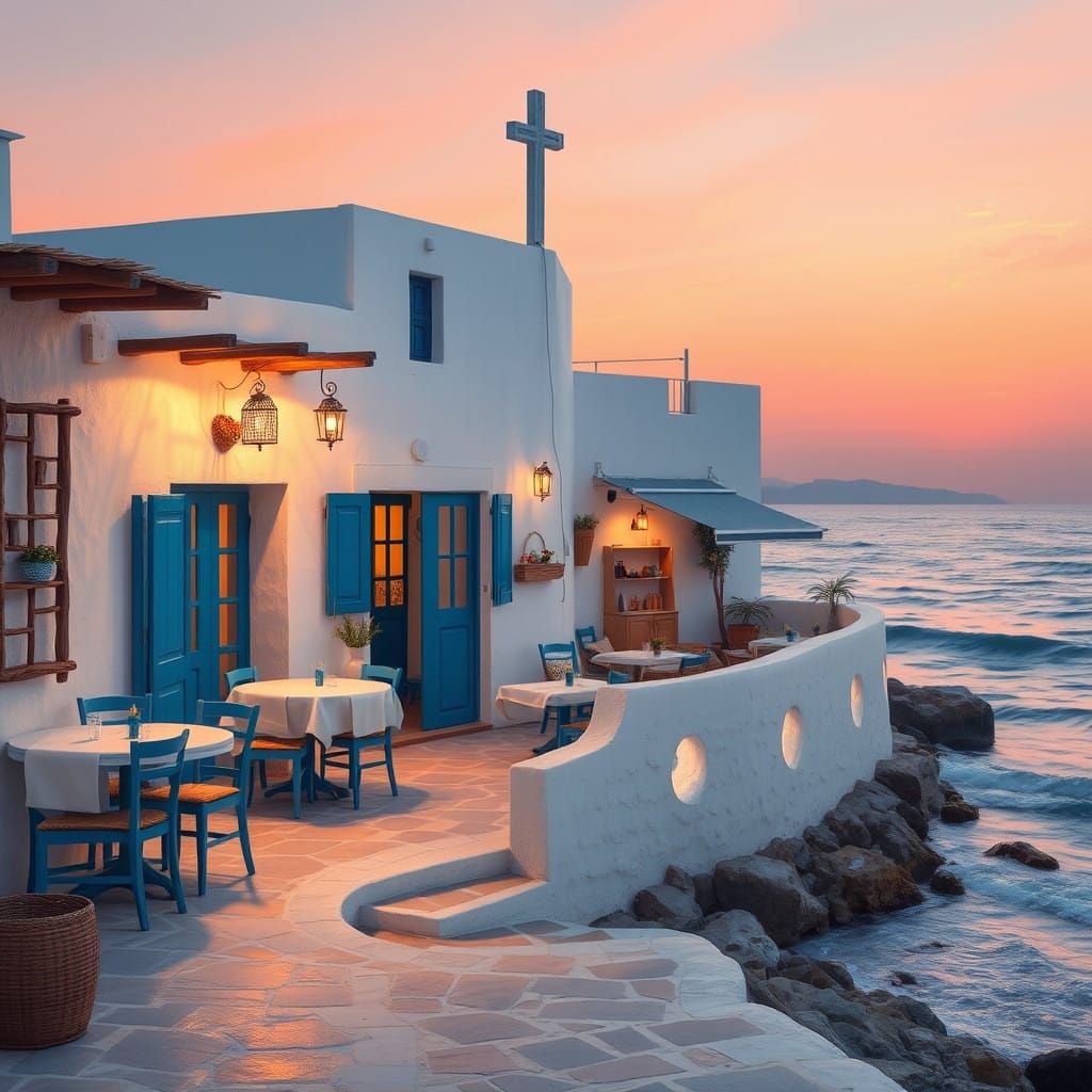 Dreamy Greek Seaside Taverna at Sunset