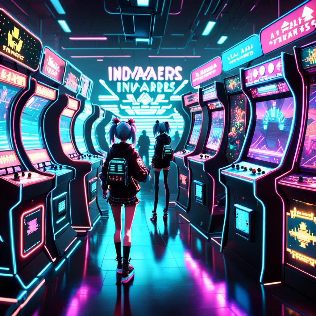 Anime Punk Girl Plays Space Invaders in Neon Arcade
