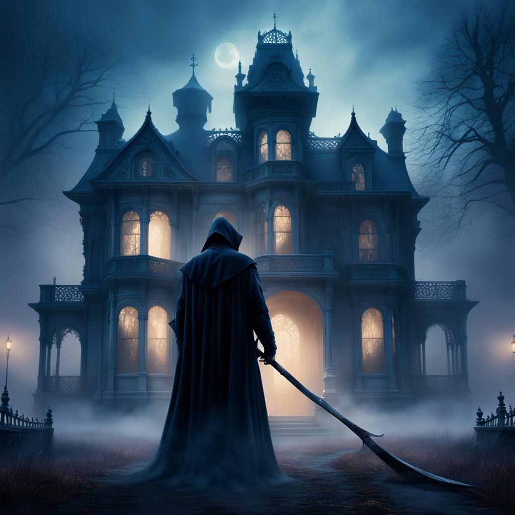 Eerie Victorian Manor with Ghostly Figure