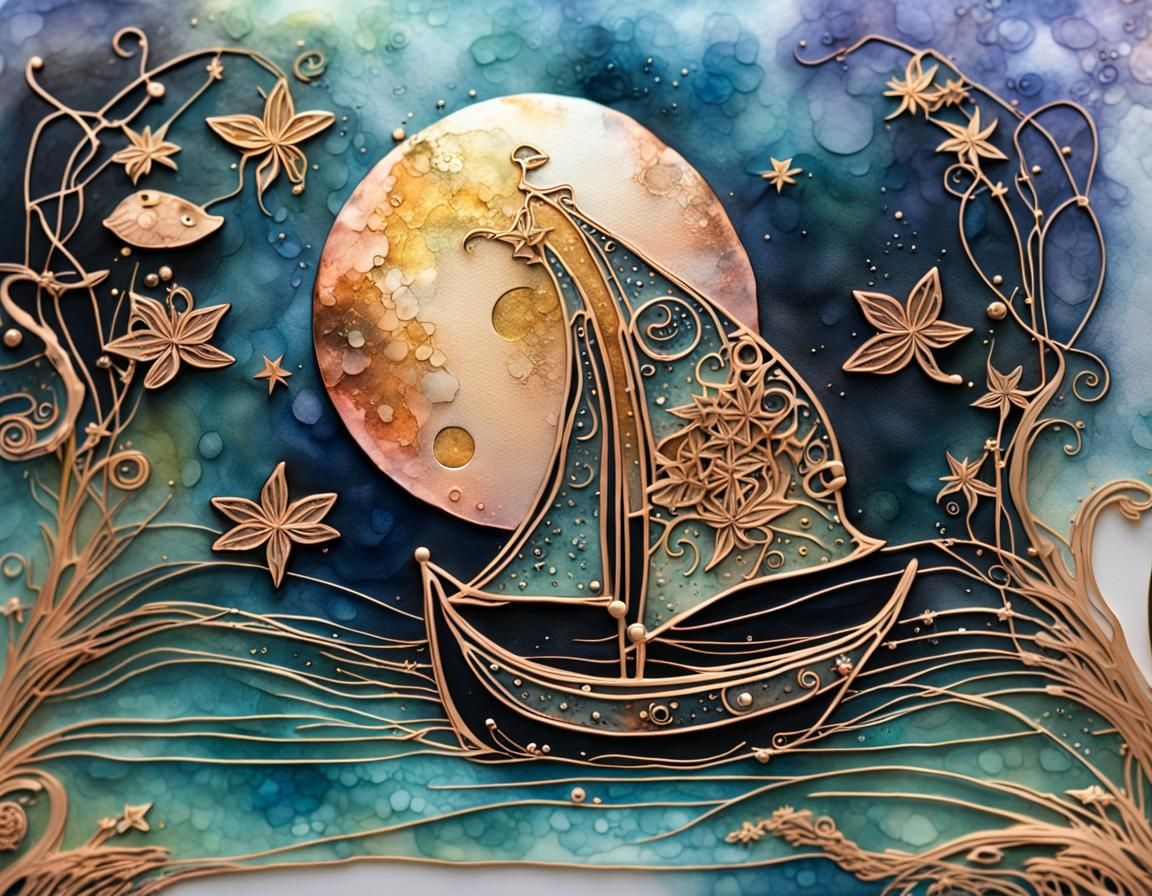 Magical Gold Mouse on Leaf Boat in Watercolor