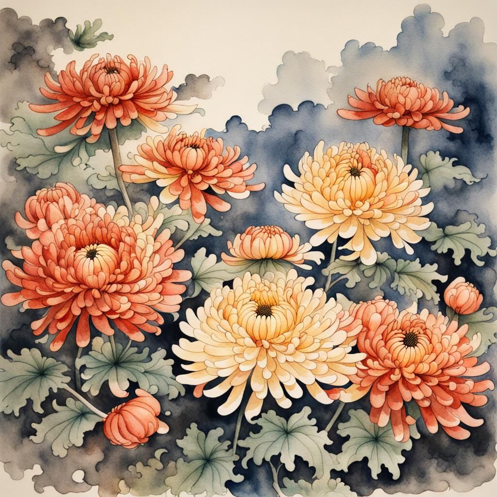 Chrysanthemums in Watercolour: A Japanese Garden Painting