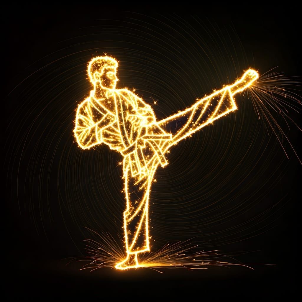 Celestial Karate Master Kicking Stars in the Night