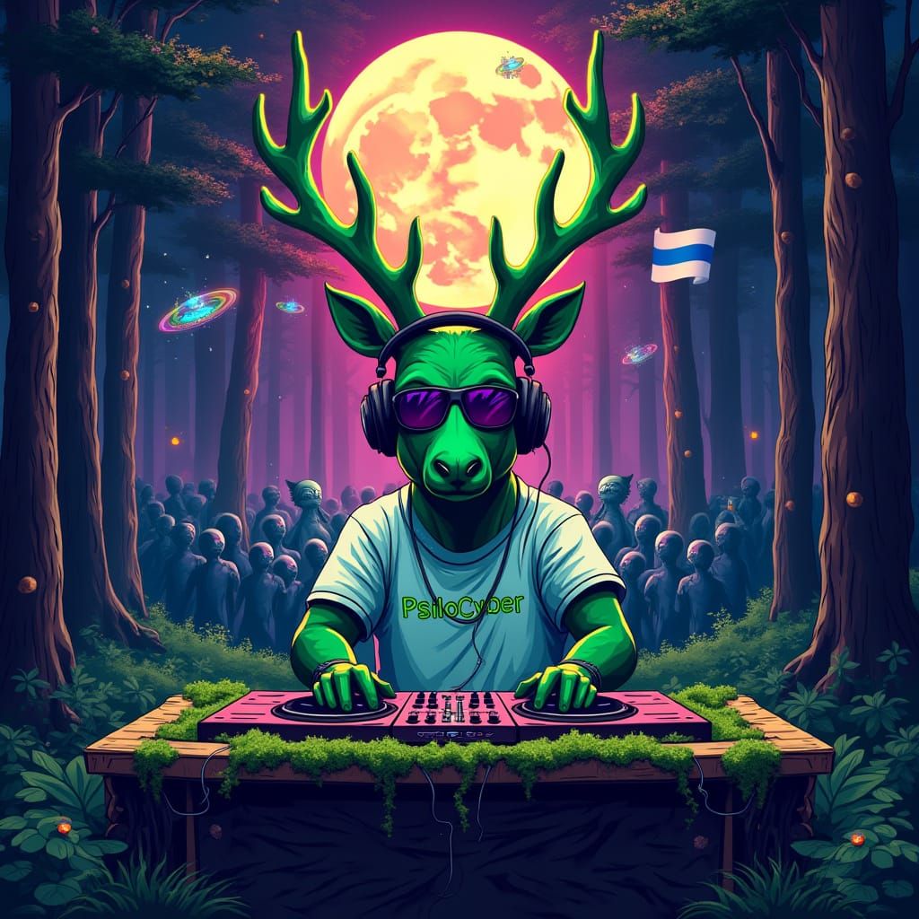 Green DJ Reindeer in Psychedelic Finnish Forest