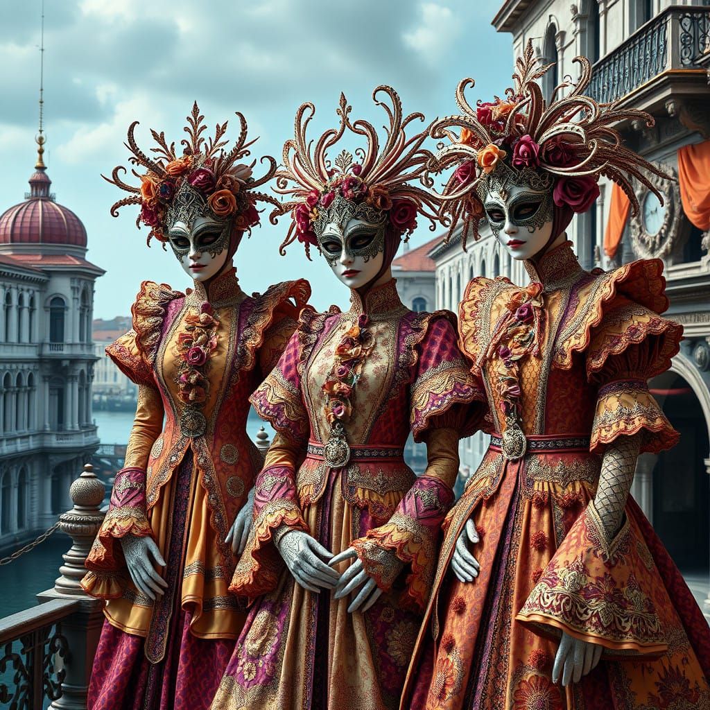 Ethereal Women in Vibrant Baroque Masks Celebrate Venice Car...