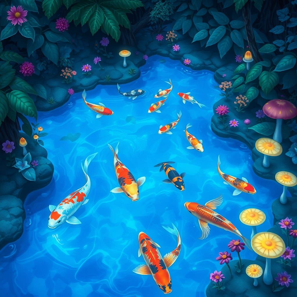 Bioluminescent Koi Pond in Studio Ghibli Style