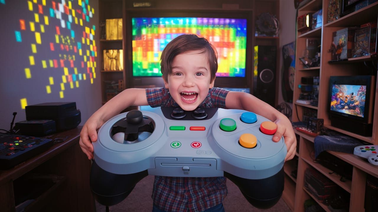 Boy with Giant Game Controller in Gaming Room