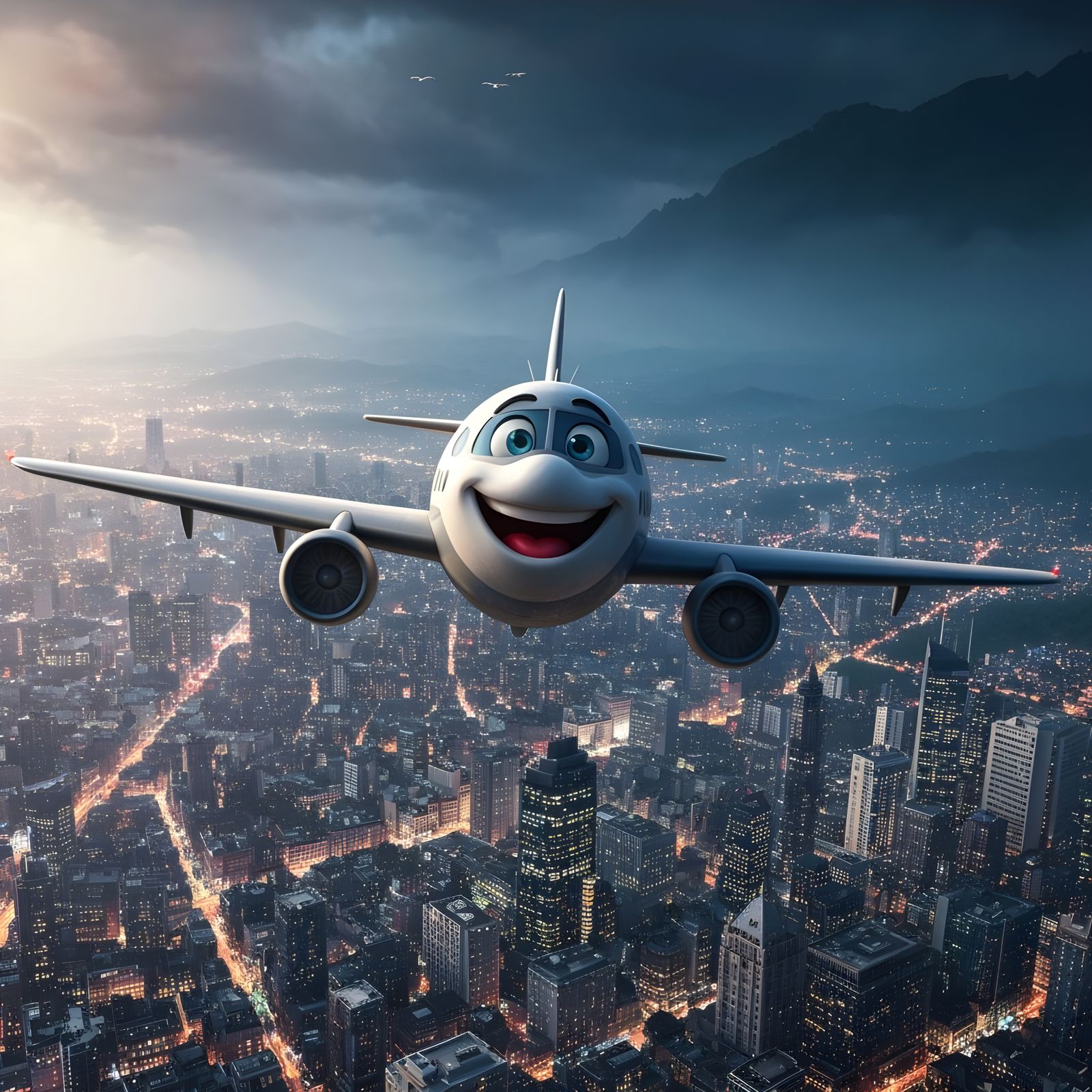 Smiling Plane Soars Over City - Epic Digital Matte Painting