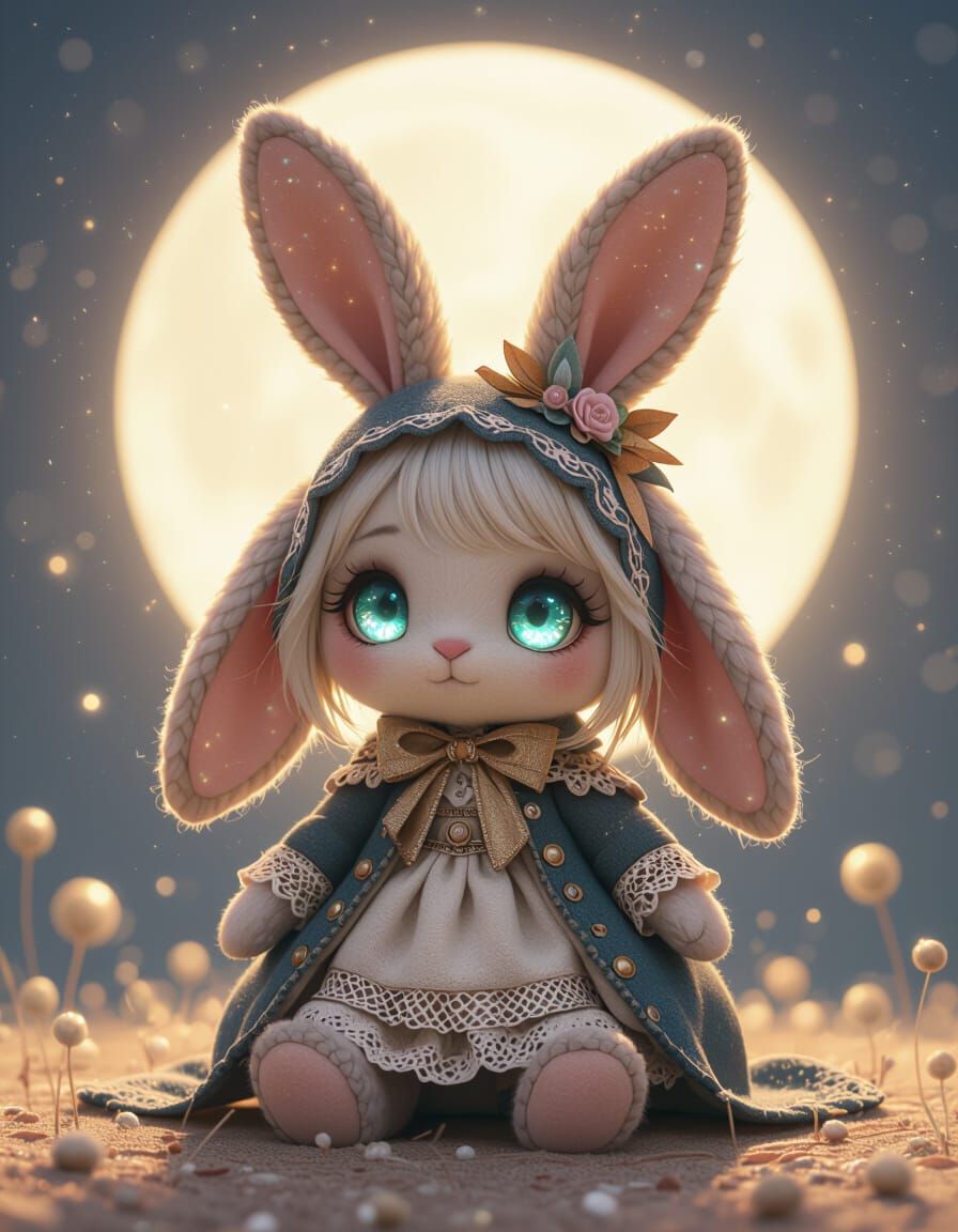 Moonlight Felt Rag Doll Bunny with Opal Eyes
