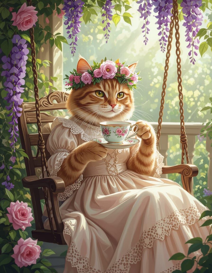 Cat Sipping Tea: Art Nouveau Digital Painting