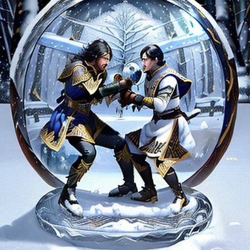 Warriors Clash in Snow Globe, Minimalist Acrylic Art