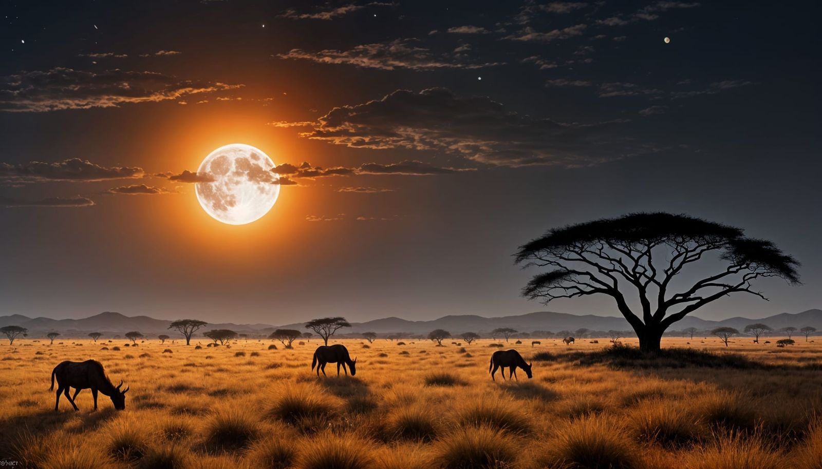 Twilight Savannah Under a Fiery Moon