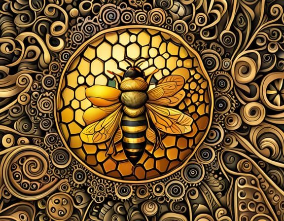 Vibrant Honeybee Amidst Geometric Hive in Neo-Cubist Art