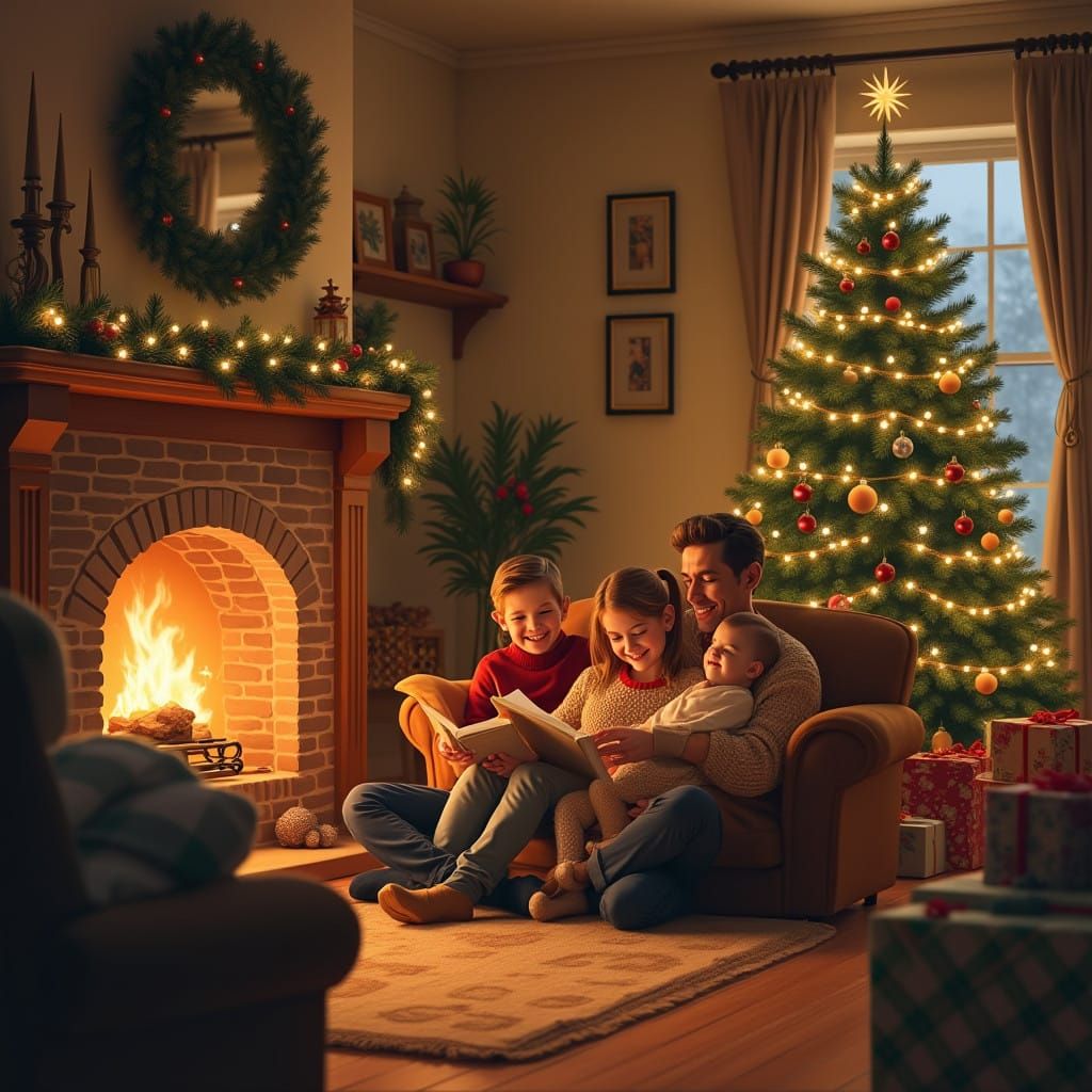 Cozy Family Gathering Around a Crackling Fireplace