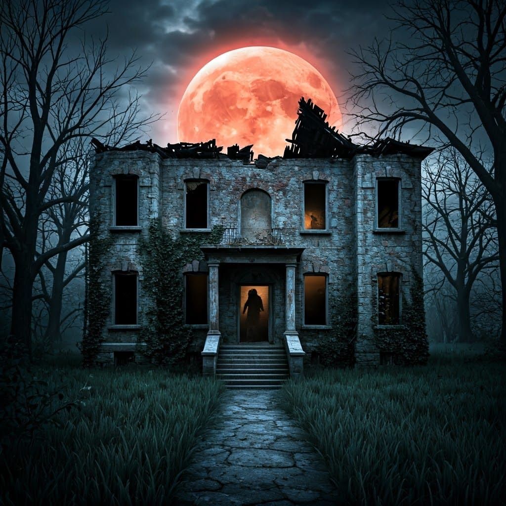 Terrifying Haunted House Under Eerie Moonlight