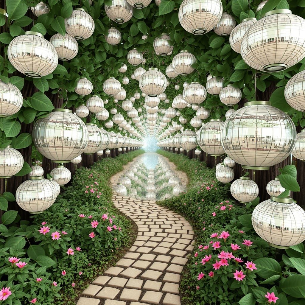 Infinite Mirror Reflecting Forest with Silver Lanterns