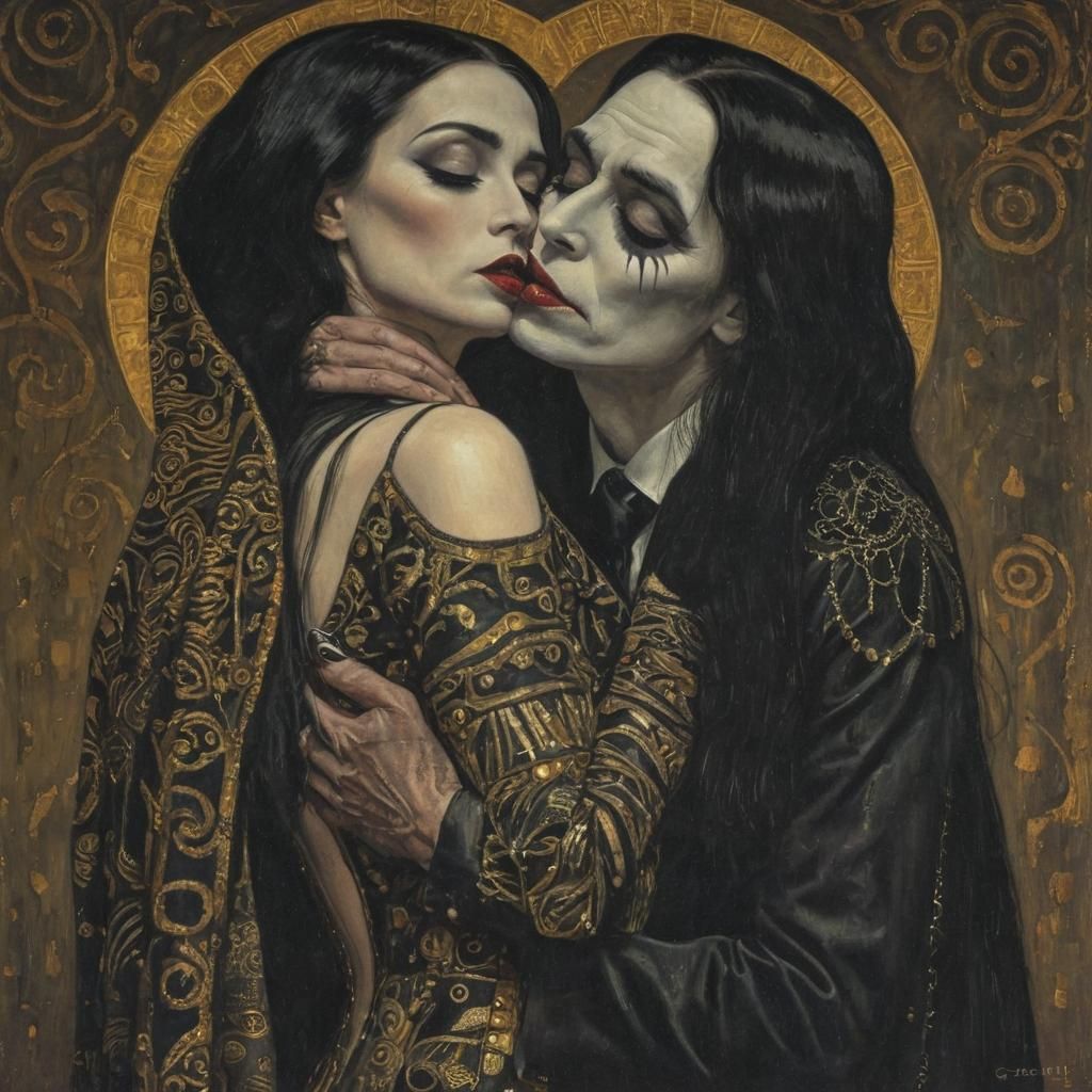 Gothic Kiss: Addams Family Embrace in Klimt Style