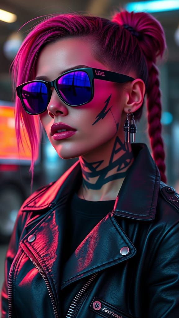 Cyberpunk Woman with Futuristic Implants and Neon Accents