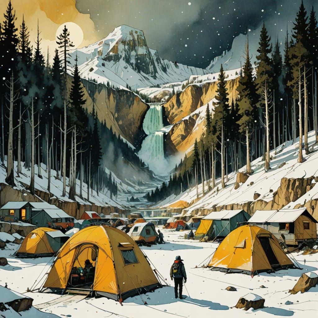 Winter Campsite in Yellowstone: Watercolor Blizzard