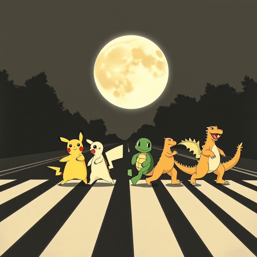 an image featuring characters from "Pokémon" in a parody of The Beatles' "Abbey Road" album cover. Include pikachu, squi...