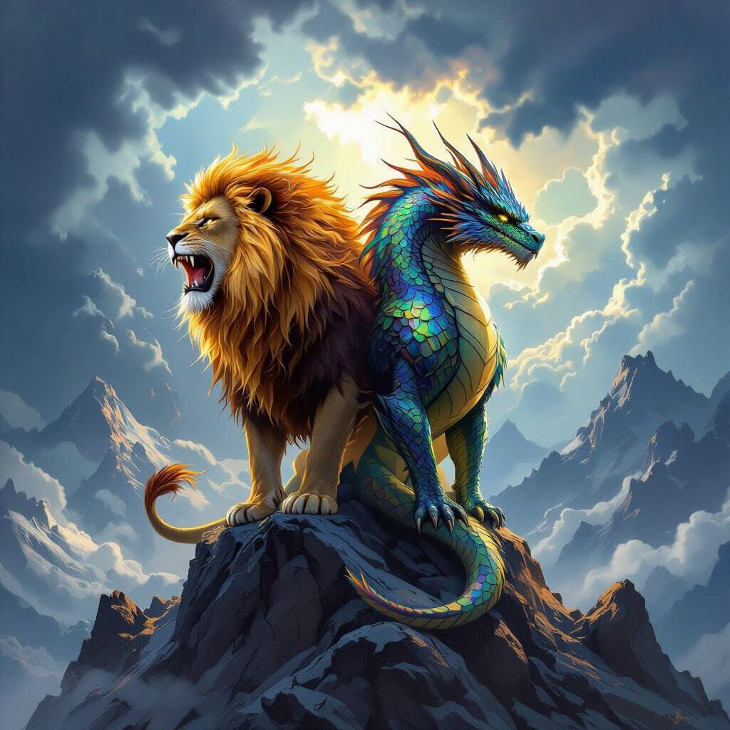 Majestic Lion and Dragon on Mountain Peak