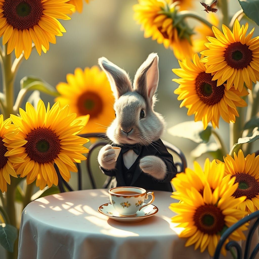 Bunny in Tuxedo Tea Party: Whimsical Fantasy Art