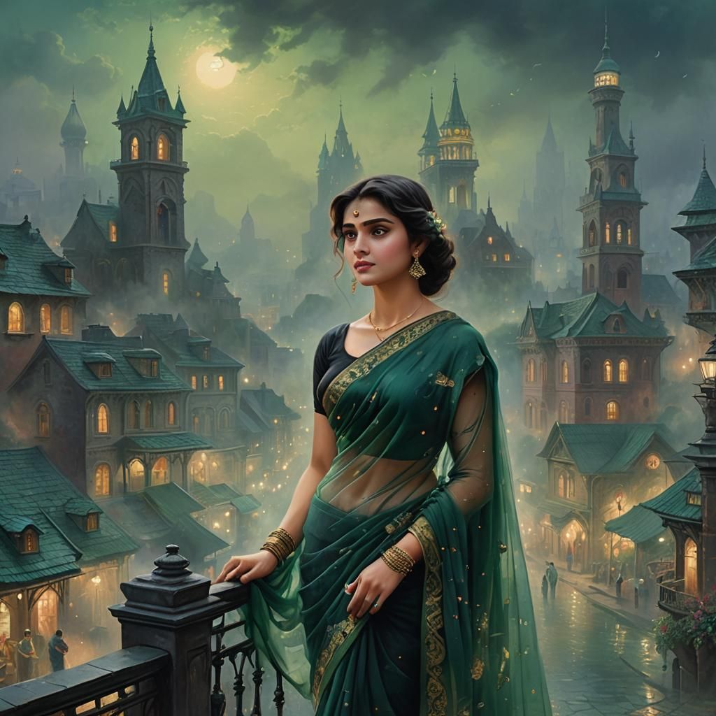 Woman in Green Saree in a Dark City