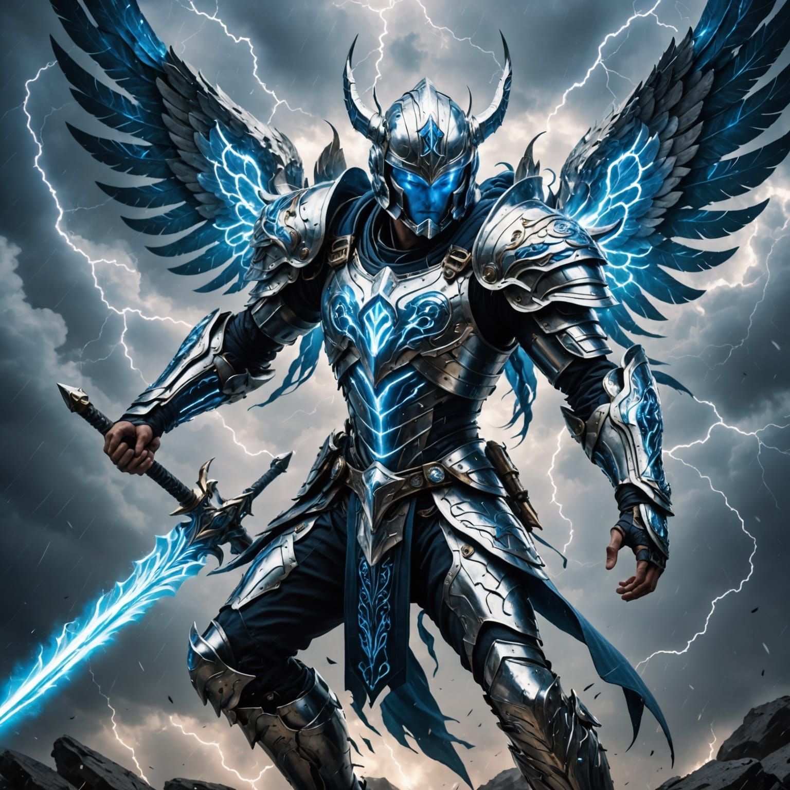 Silver Dawn Warrior with Electric Swords and Stormy Skies