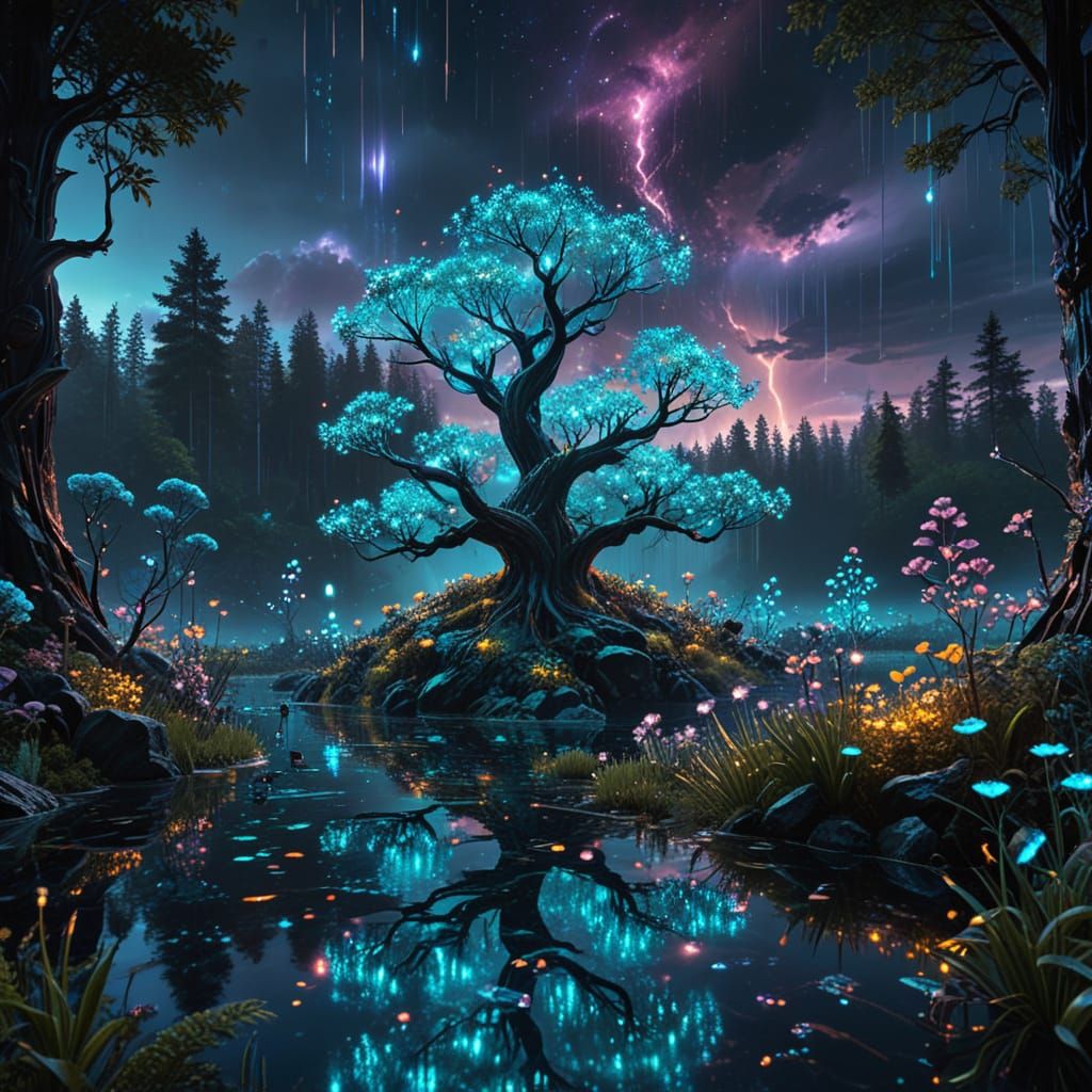 Cyberpunk Nebula Garden in Radiant Hues