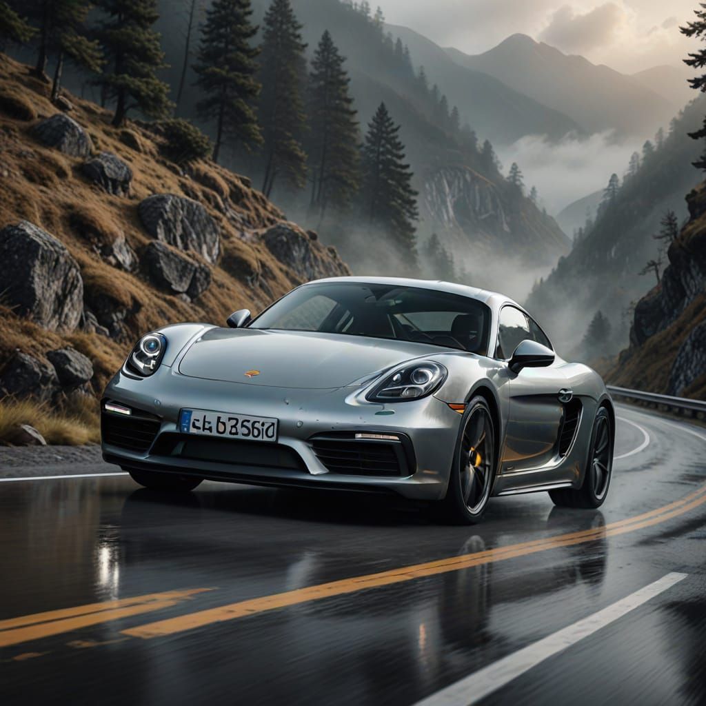 Luxurious Porsche 718 Cayman on a Misty Mountain Road