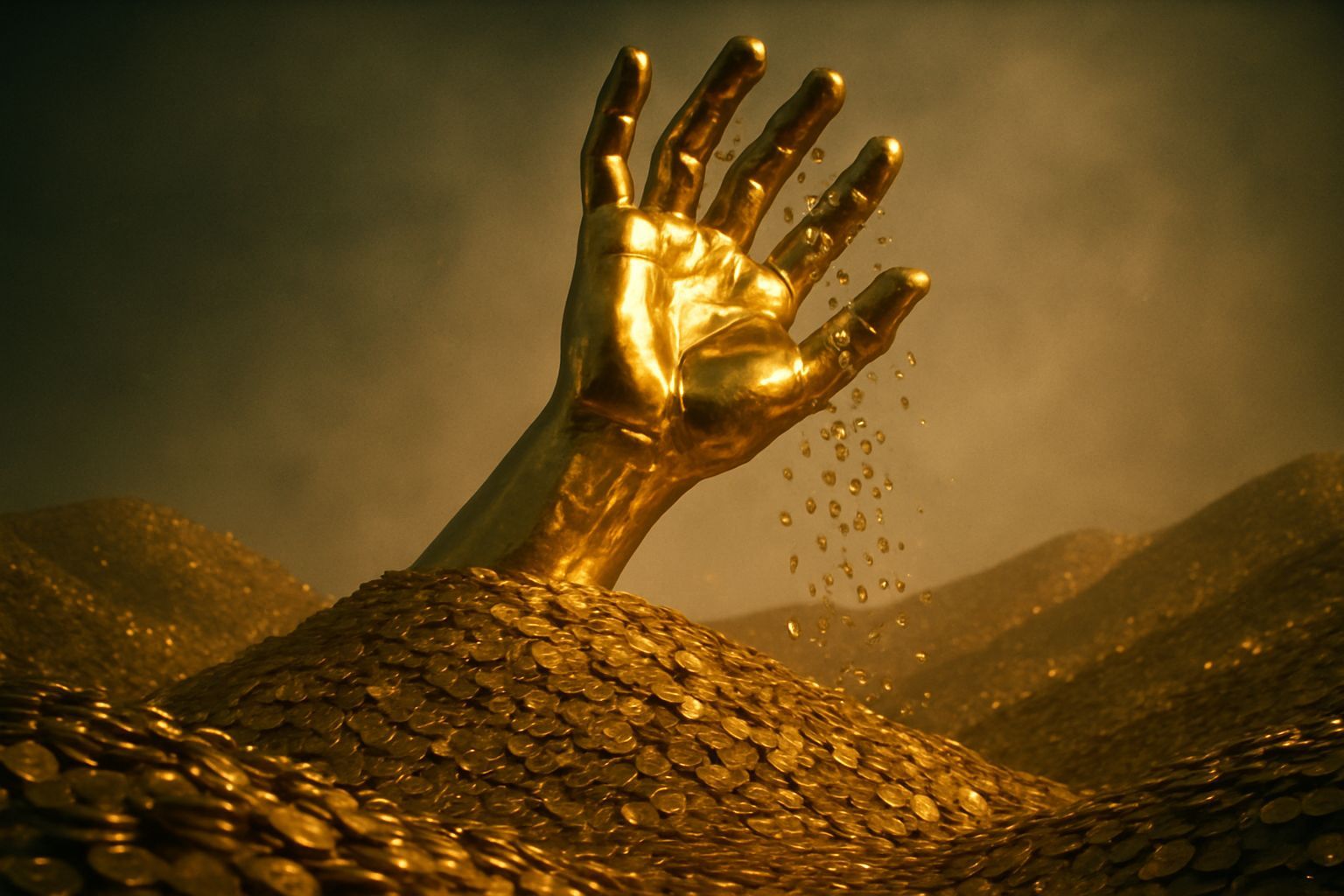 Gigantic Golden Hand Emerges from Coin Mountain