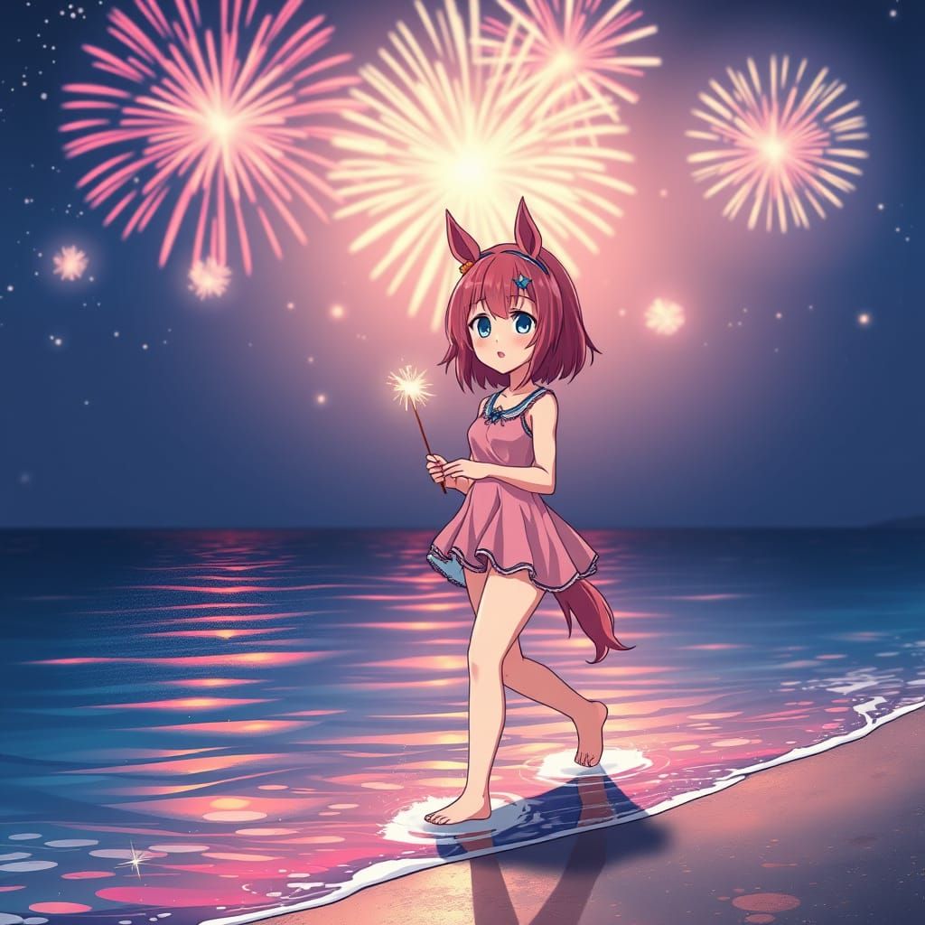 Whimsical Anime Girl Walks Along Seashore at Night