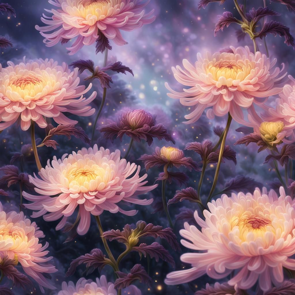 Chrysanthemum in Misty Garden: Thomas Kinkade Style