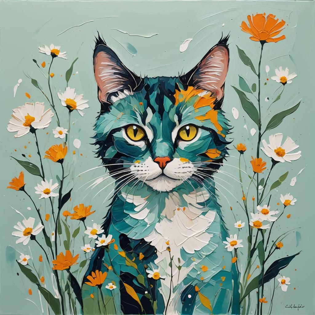 Minimalist Abstract Painting of a Blooming Cat