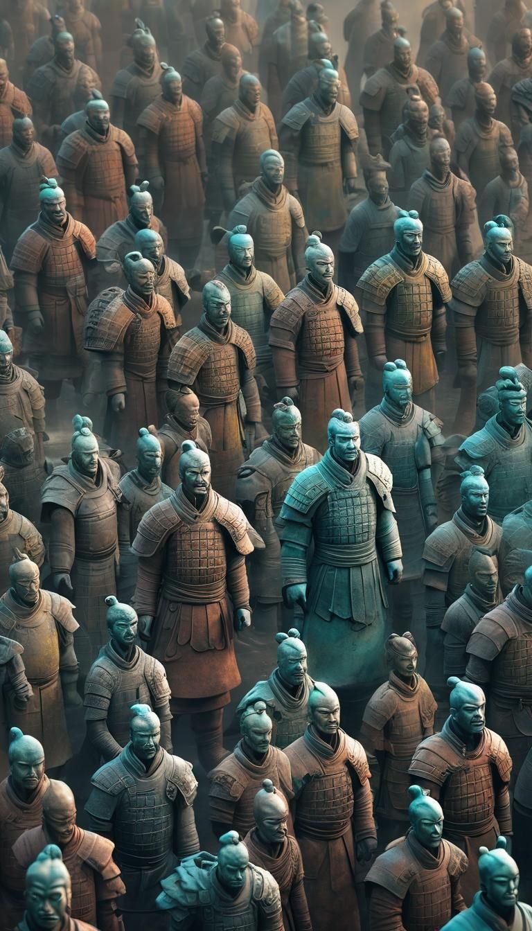 Terracotta Warriors in Misty Battlefield: Fantasy Art