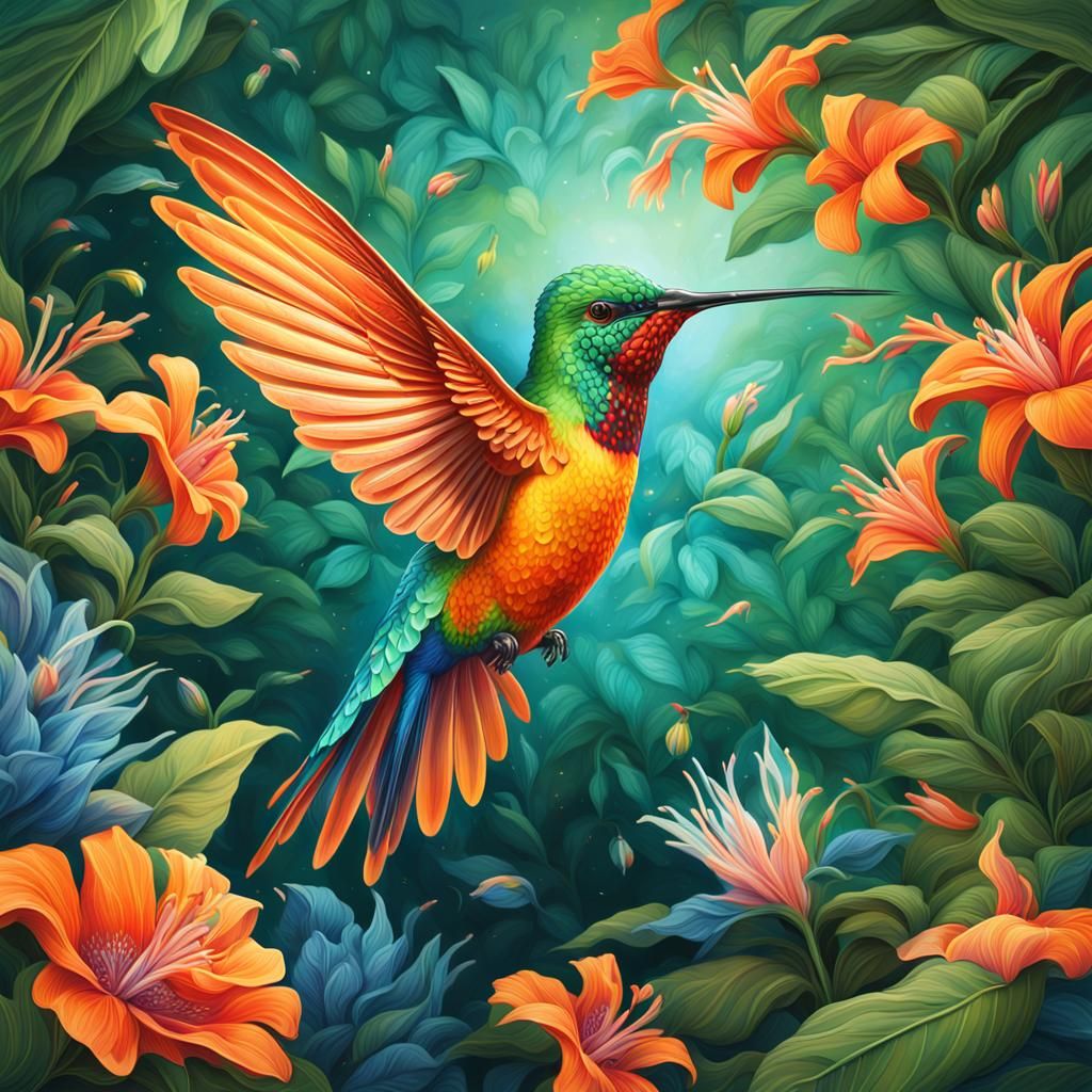 Hummingbird's Dance: A Vibrant Fantasy Illustration