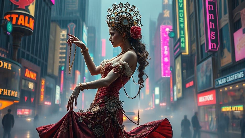 Steampunk Goddess in Victorian Attire Dances Amidst Cyberpun...