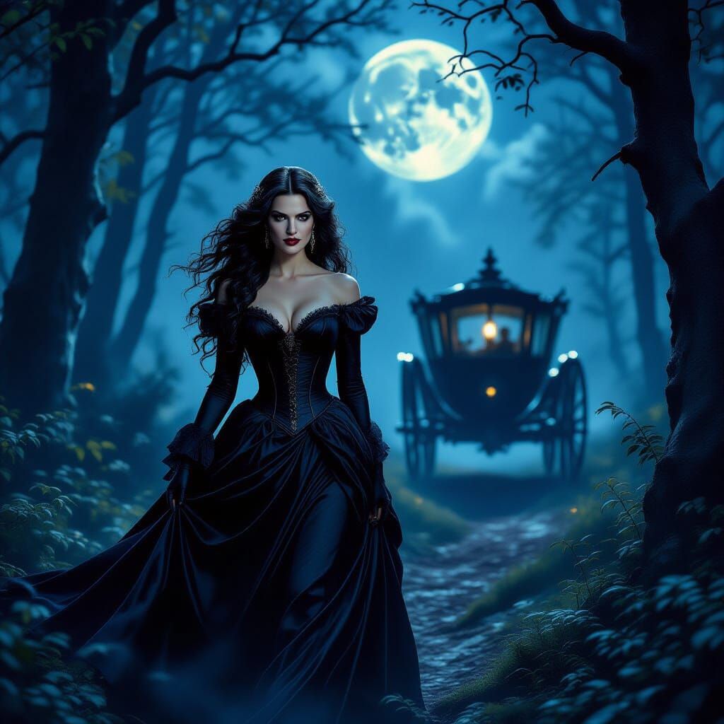 Beautiful Vampire in Enchanted Forest Under Moonlight