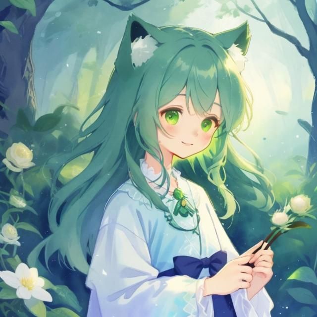 Anime Cat Girl with Green Fur in Soft Anime Style