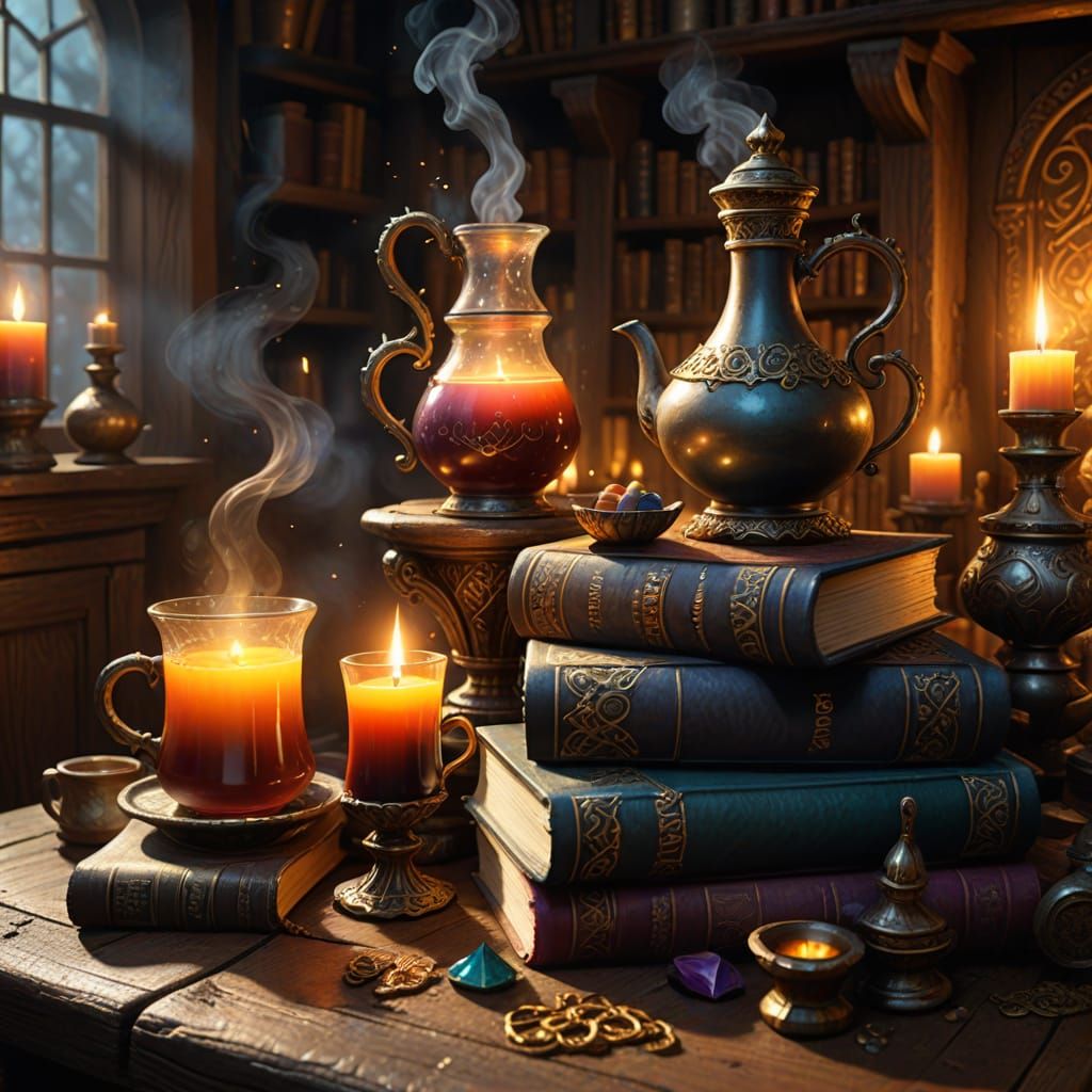 Magical Spellbooks and Potions Illuminated by Candlelight