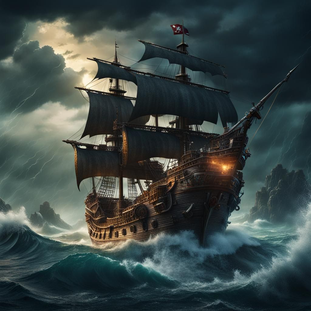 Pirate Ship Amidst Thunderstorm: Detailed Matte Painting