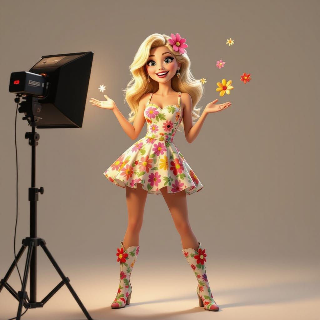 Singer in Flower Power Dress on Camera