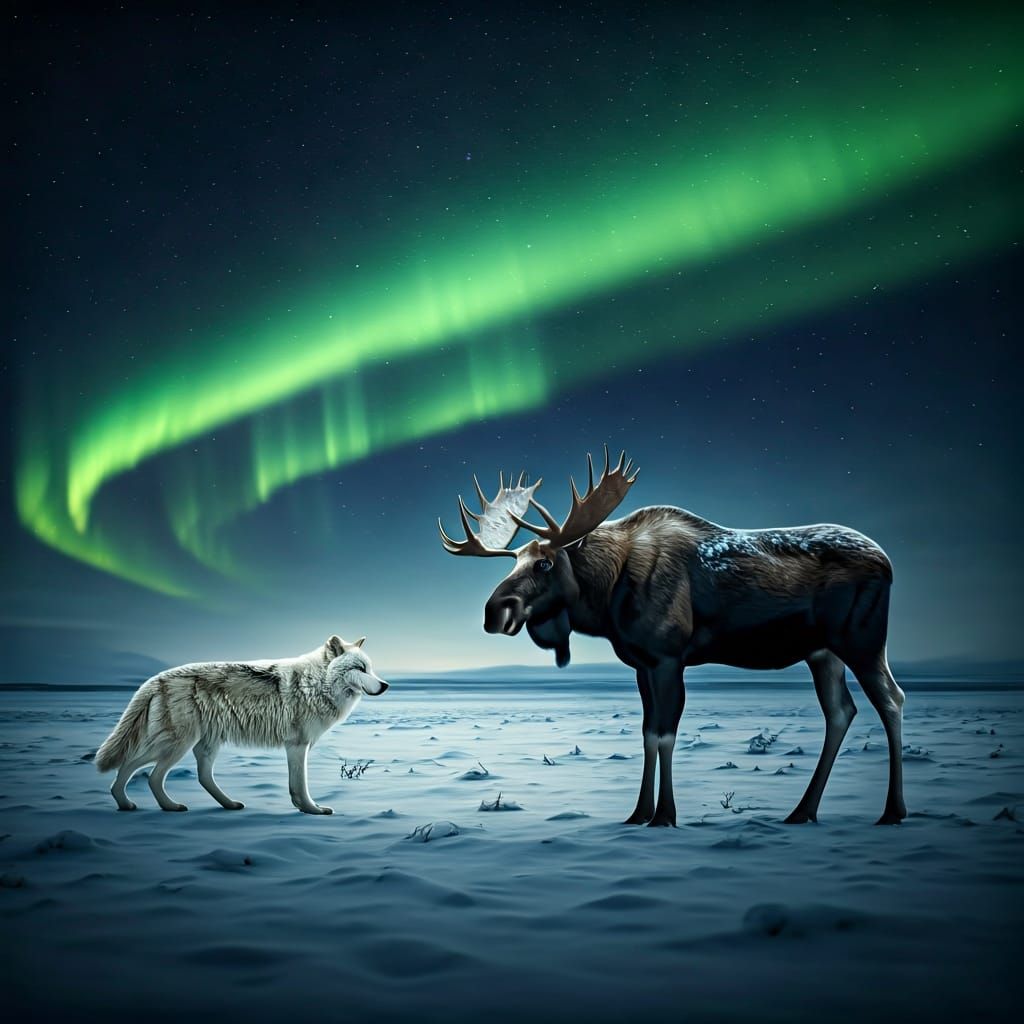 Arctic Wolves and Moose Respectful Encounter