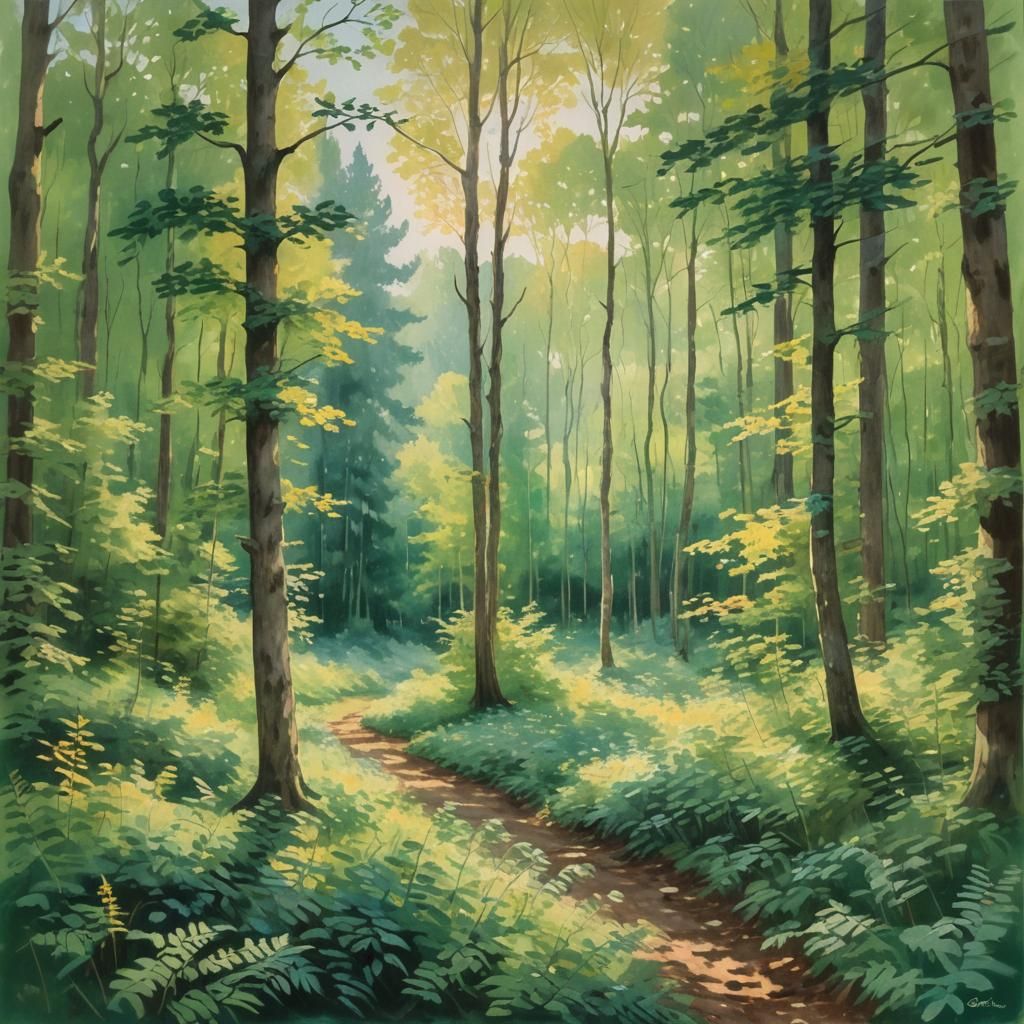 Serene Forest Clearing in Golden Light, Gouache Painting