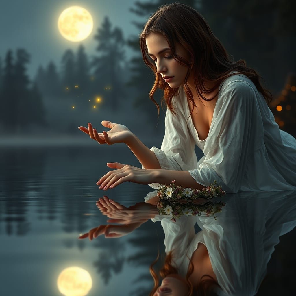 Slavic Woman Reflecting in Moonlit River