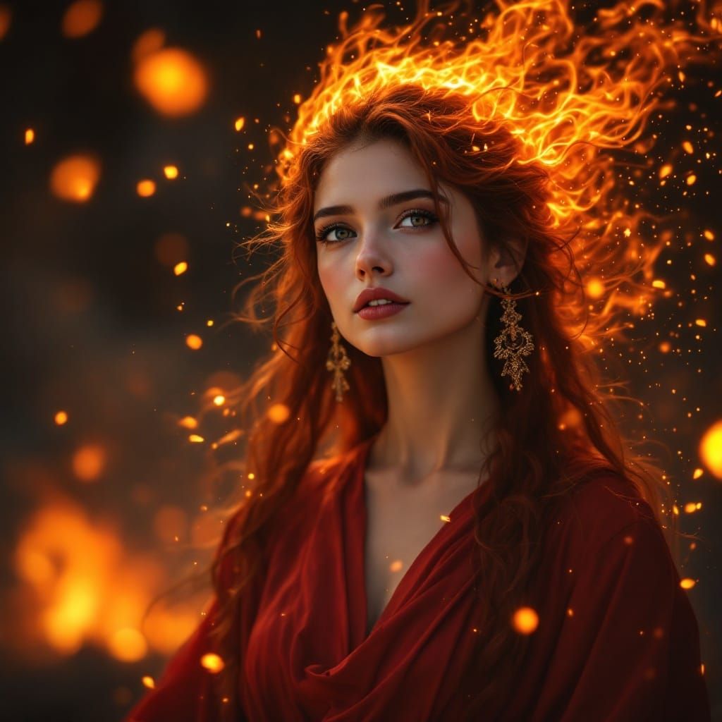 Göttin des Feuers mit Blutrotem Haar und Flammen