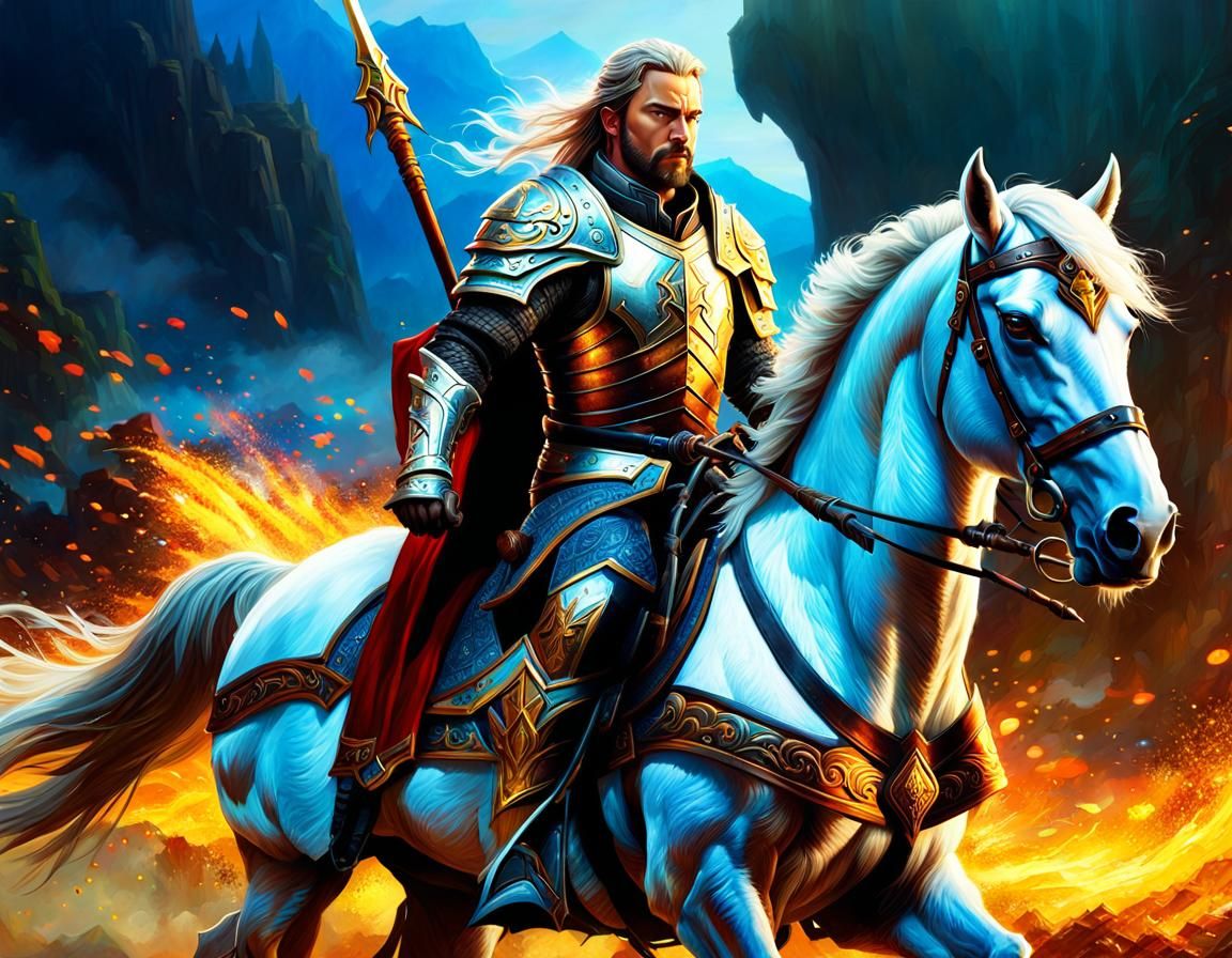 Epic Paladin on Horseback in Battlefield Scene